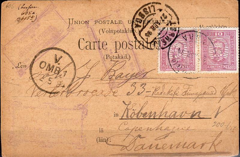 1144.jpg -     Lote:    1144                   Descrição:         1892/93 &mdash; D. Carlos I tipo Diogo Neto. Postal ilustrado circulado de Évora (26.04.94) para a Dinamarca (02.05.94) com trânsito por Lisboa (27.04.94) com par de selos de 10 reis lilás, denteado 13 &frac12;, papel porcelana.        PI       Valor Base:     &euro; 15,00     Valor Venda:     &euro;      