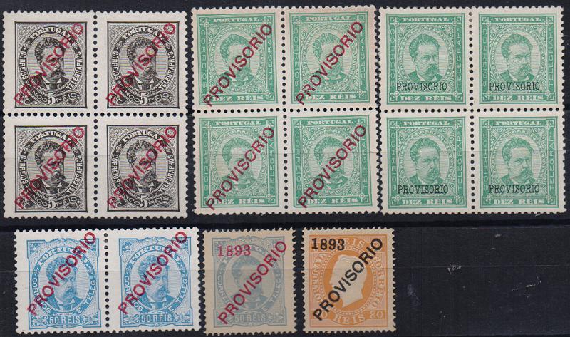 1145.jpg -     Lote:    1145                   Descrição:         1892/93. D. Luís I. Sobrecarga "PROVISORIO". Lote composto por quadra CE81, 10 reis verde, sobrecarga b + quadra CE82, 5 reis preto, sobrecarga c + quadra CE83 verde, sobrecarga c + par CE87, 50 reis azul, sobrecarga c + CE93, 50 reis azul, sobrecarga d + CE94, 80 reis laranja, sobrecarga d. Valor de catálogo &euro; 1.016,00.        ***/**/*       Valor Base:     &euro; 100,00     Valor Venda:     &euro;      