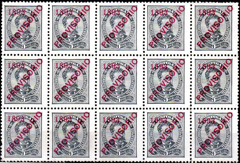 1146.jpg -     Lote:    1146                   Descrição:         1892/93 &mdash; D. Luís I. Sobrecargas "PROVISORIO". CE89, 5 reis preto, sobrecarga D. Bloco de 15 selos novos, sem goma. Lote a ver. Valor de catálogo &euro; 705,00        *       Valor Base:     &euro; 65,00     Valor Venda:     &euro;      