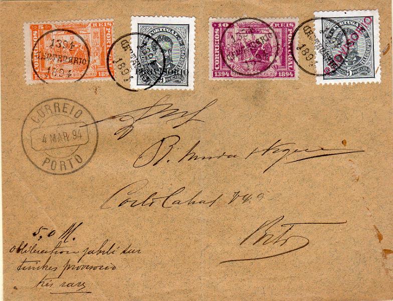 1152.jpg -     Lote:    1152                   Descrição:         1892/94 &mdash; D. Luís I. Sobrecargas "PROVISÓRIO" + 5.º Centenário do Nascimento do Infante D. Henrique. Sobrescrito circulado no Porto (04.03.94 &mdash; 1.º dia de circulação para os selos do Infante), com selos de 5 reis CE80, 5 reis CE82, 5 reis CE98 e 10 reis CE99, obliterados com o carimbo comemorativo do Centenário. MB e R.        Carta       Valor Base:     &euro; 80,00     Valor Venda:     &euro;      