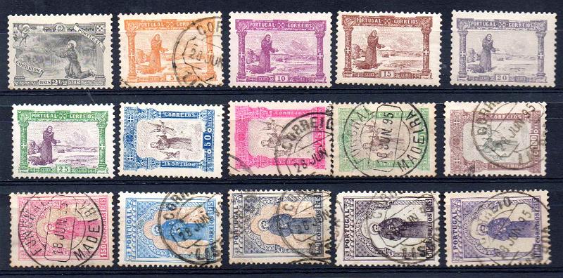 1155.jpg -     Lote:    1155                   Descrição:         1895 &mdash; 7.º Centenário do Nascimento de S. António. CE111/125. Série completa em novos e usados, cotada como usados. Selo de 500 reis com um dente curto. Valor de catálogo &euro; 2.278,00.        O       Valor Base:     &euro; 175,00     Valor Venda:     &euro;      