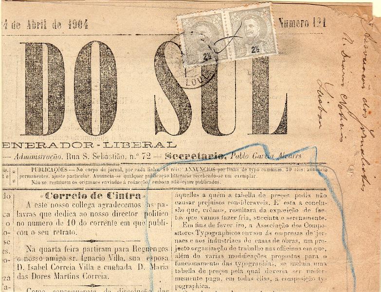 1157.jpg -     Lote:    1157                   Descrição:         1895/96 &mdash; D. Carlos I Mouchon. CE126, 2 &frac12; reis cinzento. Par em jornal "Folha do Sul" circulado de Loulé (04.04.04) para Lisboa.        JRN       Valor Base:     &euro; 12,00     Valor Venda:     &euro;      