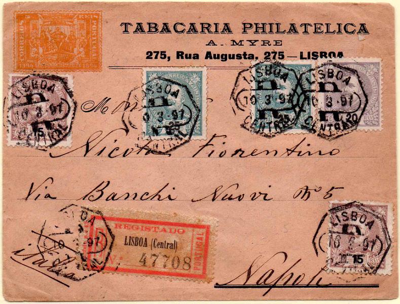 1158.jpg -     Lote:    1158                   Descrição:         1895/96 &mdash; D. Carlos I Mouchon. Sobrescrito timbrado da Tabacaria Philatelica de A. Myre, circulado registado de Lisboa (10.03.97) para Nápoles com dois selos de 15 reis CE129, dois selos de 25 reis CE131 e selo de 20 reis CE130. MB.        Carta       Valor Base:     &euro; 90,00     Valor Venda:     &euro;      