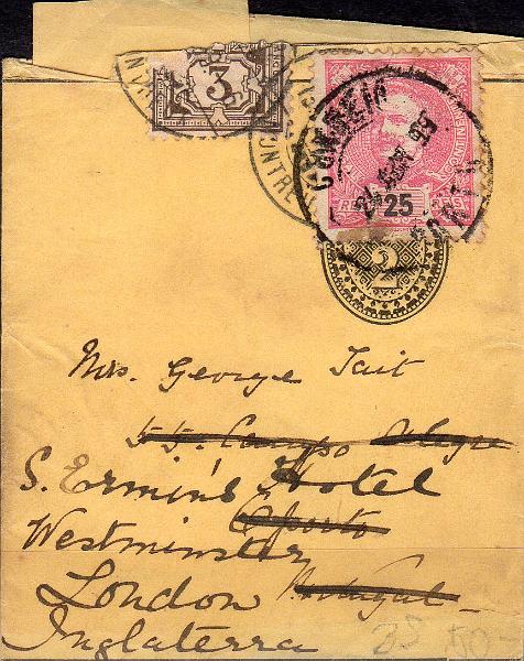 1159.jpg -     Lote:    1159                   Descrição:         1898/1905 &mdash; D. Carlos I Mouchon. Cinta de jornal remetida de Montreux para o Porto com cinta pré-franquiada de 2c + selo de 3c. Reexpedida para Londres com selo de 25 reis CE141. Muito interessante exemplar.        CNT       Valor Base:     &euro; 15,00     Valor Venda:     &euro;      