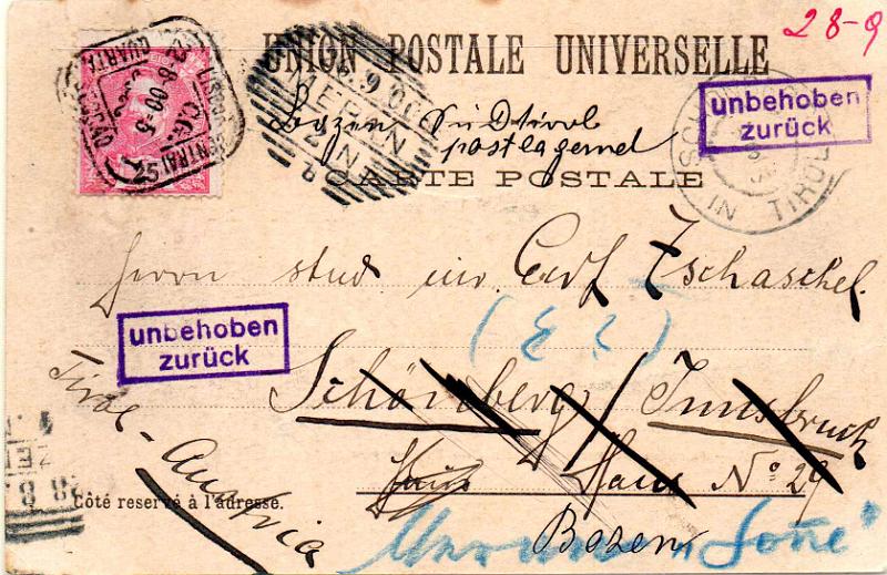 1160.jpg -     Lote:    1160                   Descrição:         1903 &mdash; D. Carlos I Mouchon. CE141, 25 reis carmim, em postal ilustrado circulado de Lisboa (22.08,00) para Insbruck (26.09,00), não tendo sido entregue ao destinatário.        PI       Valor Base:     &euro; 12,00     Valor Venda:     &euro;      