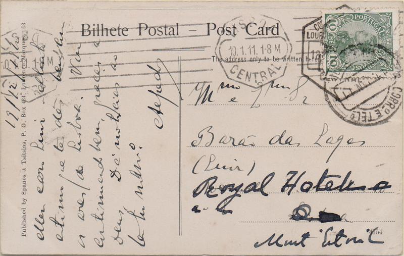 1162.jpg -     Lote:    1162                   Descrição:         1910 &mdash; D. Manuel II. Postal ilustrado circulado de L. Marques (18.12.10) para Lisboa com selo de 10 reis D. Carlos I Mouchon. Sendo reenviado para o Monte Estoril (11.01.11) pagou novo porte com selo de 10 reis CE172.        PI       Valor Base:     &euro; 20,00     Valor Venda:     &euro;      