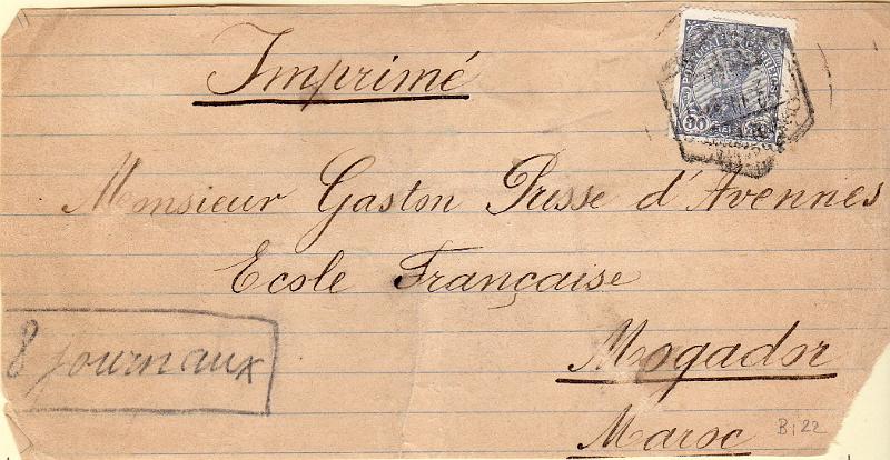 1163.jpg -     Lote:    1163                   Descrição:         1910 &mdash; D. Manuel II. CE164, 80 reis ardósia em frente de cinta de jornal, circulados de Lisboa (11.02.10) para Marrocos. Atado de 8 jornais x 10 reis cada = 80 reis de porte. R.        CNT       Valor Base:     &euro; 25,00     Valor Venda:     &euro;      