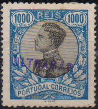 1164.jpg -     Lote:    1164                   Descrição:         1910 &mdash; D. Manuel II. CE169, 1000 reis azul e preto, com sobrecarga "ULTRAMAR".        **       Valor Base:     &euro; 12,00     Valor Venda:     &euro;      