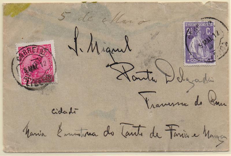 1165.jpg -     Lote:    1165                   Descrição:         1910/12 &mdash; D. Manuel II com sobrecarga REPUBLICA + Ceres. Sobrescrito circulado de Lisboa (05.05.12) para Ponta Delgada (20.05.12) com selo de 2 &frac12; c CE211 para pagamento do 1.º porte do correio ordinário e selo de 20 reis CE174 para pagamento da taxa de "ULTIMA HORA". MB e MR.        Carta       Valor Base:     &euro; 25,00     Valor Venda:     &euro;      