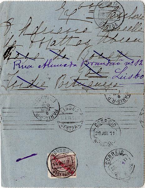 1166.jpg -     Lote:    1166                   Descrição:         1910 &mdash; D. Manuel II, com sobrecarga REPUBLICA. CE175, 25 reis, em papel porcelana ordinário em sobrescrito circulado da Guarda (06.06.11) para a Goa / Índia Portuguesa (29.06.11) com trânsito por Paris (09.06.11) e reexpedido para Lisboa (17.07.11).        Carta       Valor Base:     &euro; 15,00     Valor Venda:     &euro;      