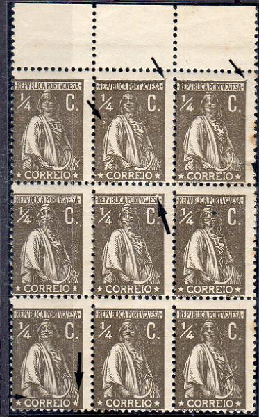 1169.jpg -     Lote:    1169                   Descrição:         1912 &mdash; Ceres. CE206, &frac14; C sépia, papel acetinado fino, pontinhado nacional horizontal, denteado 12x11 &frac12;. Bloco com 9 selos (alguns pontos de óxido). Dois selos com variedades de cliché não catalogadas e dois com MM IX / XLV. Denteado deslocado.        ***       Valor Base:     &euro; 20,00     Valor Venda:     &euro;      