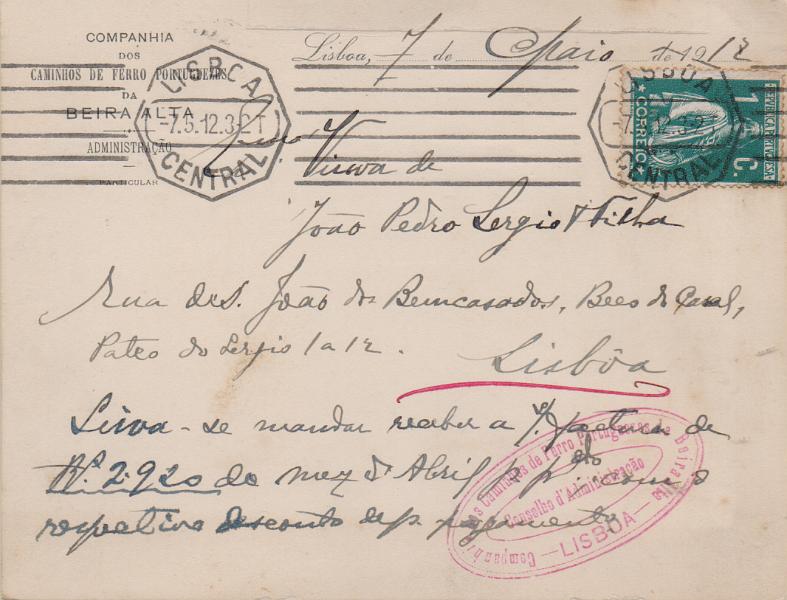 1171.jpg -     Lote:    1171                   Descrição:         1912 &mdash; Ceres. CE208, 1c verde, papel porcelana, denteado 15x14 em postal particular da Companhia dos Caminhos de Ferro Portugueses da Beira Alta circulado em Lisboa (07.05.12). MB.        PI       Valor Base:     &euro; 15,00     Valor Venda:     &euro;      
