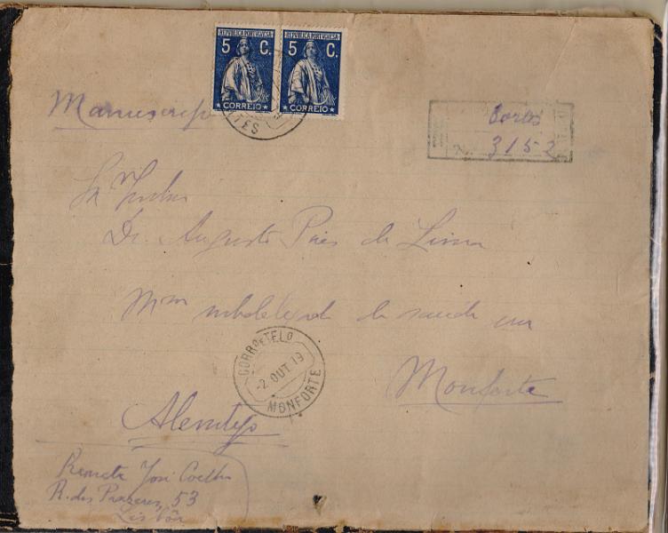 1172.jpg -     Lote:    1172                   Descrição:         1912 &mdash; Ceres. CE212, 5c azul, denteado 15x14. Par em manuscrito (Apontamentos de Química Mineral) circulado registado da estação urbana de Lisboa * Cortes (01.10.19) para Monforte (02.10.19). Interessante porte correspondendo a 6c pelo prémio de registo + 4c pelo 1.º porte para manuscritos (peso até 250g).        MNS       Valor Base:     &euro; 40,00     Valor Venda:     &euro;      