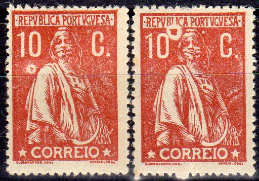 1173.jpg -     Lote:    1173                   Descrição:         1912 &mdash; Ceres. CE215, 10C tijolo, denteado 15x14, papel liso. Dois selos com impressão de pontos parasitas. Valor de catálogo só dos selos sem as variedades &euro; 58,00.        **       Valor Base:     &euro; 25,00     Valor Venda:     &euro;      