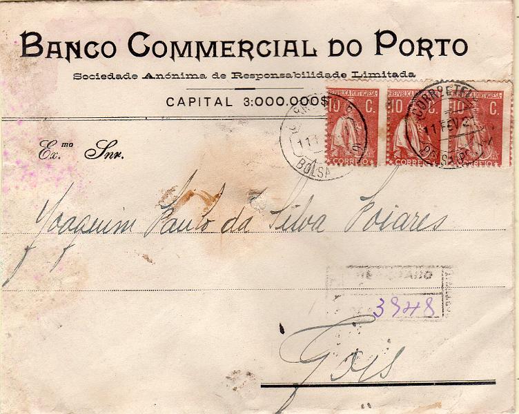 1174.jpg -     Lote:    1174                   Descrição:         1912 &mdash; Ceres. Sobrescrito circulado do Porto / Bolsa (11.02.21) para Góis, com tira de 3 selos de 10c CE215, todos com o denteado deslocado. MB.        Carta       Valor Base:     &euro; 40,00     Valor Venda:     &euro;      