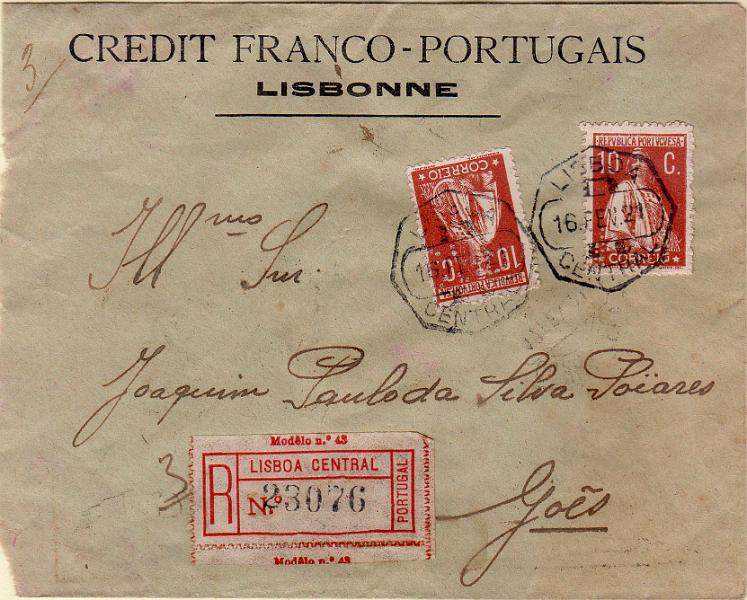 1175.jpg -     Lote:    1175                   Descrição:         1912 &mdash; Ceres. Sobrescrito circulado registado de Lisboa (16.02.21) para Góis (17.02.21) com dois selos de 10c, CE215, denteado 15x14, papel cartolina. Perfurado com CFP &mdash; CREDIT FRANCO-PORTUGAIS.        Carta       Valor Base:     &euro; 20,00     Valor Venda:     &euro;      