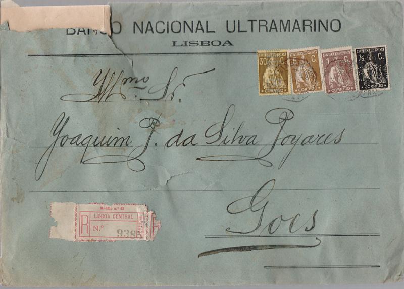 1177.jpg -     Lote:    1177                   Descrição:         1912 &mdash; Ceres. Sobrescrito de grandes dimensões (26x26,5 cms) circulado registado de Lisboa (05.04.18) para Góis (06.04.18) com selos de &frac12; c preto CE206, 1c castanho CE221, 5c sépia CE227, 30c castanho s/ amarelo CE234, todos em denteado 15x14. Perfuração de segurança B.N.U. MB e R.        Carta       Valor Base:     &euro; 30,00     Valor Venda:     &euro;      