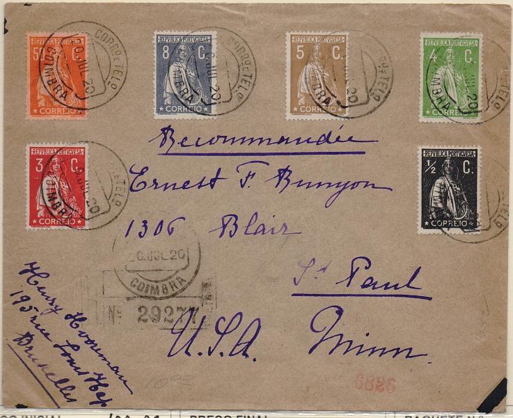1179.jpg -     Lote:    1179                   Descrição:         1912/20 &mdash; Ceres. Sobrescrito circulado registado de Coimbra (20.07.20) para os EUA (08.03.20) com selos de &frac12; c CE207, 3c CE224, 4c CE226, 5c CE227, 8c CE214 e 50c CE219. MB.        Carta       Valor Base:     &euro; 100,00     Valor Venda:     &euro;      
