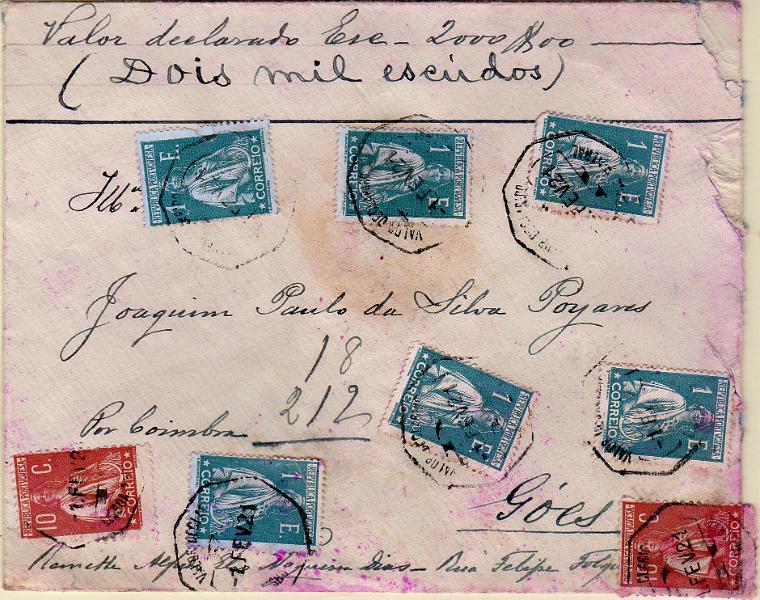 1181.jpg -     Lote:    1181                   Descrição:         1912 &mdash; Ceres. Valor declarado com 2,000$00, circulado de Lisboa (01.02.21) para Góis, com dois selos de 10c CE215, denteado 15x14 + 6 selos de 1E CE220, papel porcelana, denteado 15x14. Carta com mancha porém de grande raridade.        Carta       Valor Base:     &euro; 250,00     Valor Venda:     &euro;      