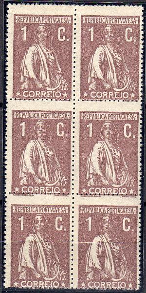 1182.jpg -     Lote:    1182                   Descrição:         1917/20 &mdash; Ceres. Novas taxas e cores. CE221, 1C castanho, denteado 15x14, papel cartolina. Bloco vertical de 6 selos com deslocação do denteado. Valor de catálogo &euro; 390,00.        ***       Valor Base:     &euro; 50,00     Valor Venda:     &euro;      