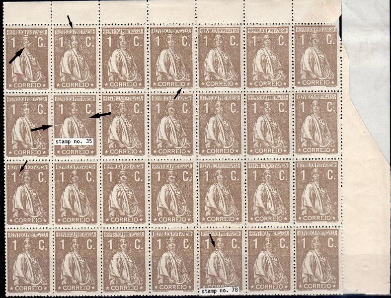 1183.jpg -     Lote:    1183                   Descrição:         1917/20 &mdash; Ceres. CE221, 1C castanho, denteado 15x14, papel acetinado. Bloco com28 selos com variedades de cliché MM XXXIII (x35), MM XX (x40), MM XL (x160), MM LXXX (15), MM XXIX (x25) e MM XXXVI (x20). Bonito bloco.        ***       Valor Base:     &euro; 25,00     Valor Venda:     &euro;      