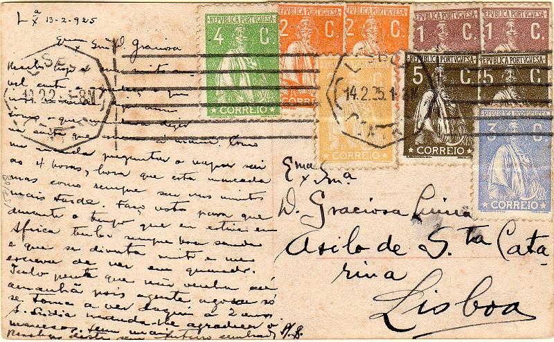 1187.jpg -     Lote:    1187                   Descrição:         1917/26 &mdash; Ceres. Postal ilustrado circulado em Lisboa (13.02.25) com selos de 2x1C CE221, 2x2C CE223, 2C amarelo CE276, 3C azul CE235, 4C verde CE226 e 2x5C bistre CE227, perfazendo o porte de 25C. Selos colados uns sobre outros contrariando os regulamentos postais.        PI       Valor Base:     &euro; 8,00     Valor Venda:     &euro;      