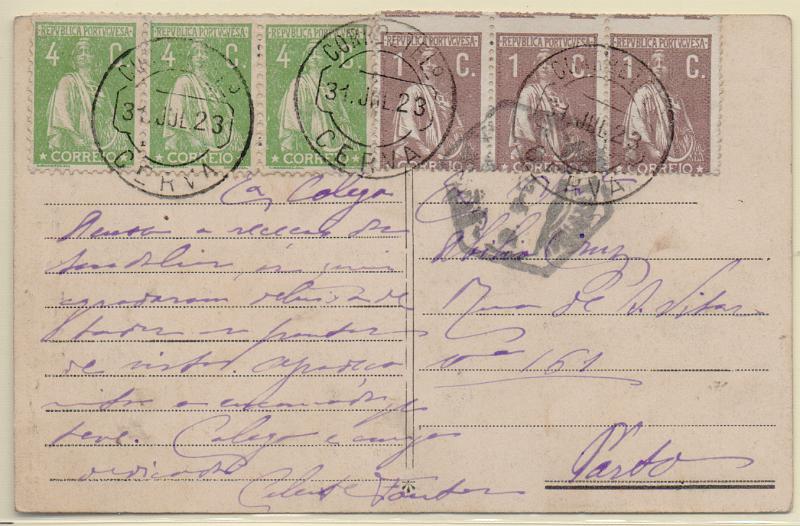 1188.jpg -     Lote:    1188                   Descrição:         1917/20 &mdash; Ceres. Postal ilustrado circulado de Cerva (31.07.23) para o Porto com tira de 3 selos de 1c castanho CE221, com o denteado deslocado + tira de 3 selos de 4c CE226. Ambos em perfuração 12x11 &frac12;. B.        PI       Valor Base:     &euro; 25,00     Valor Venda:     &euro;      
