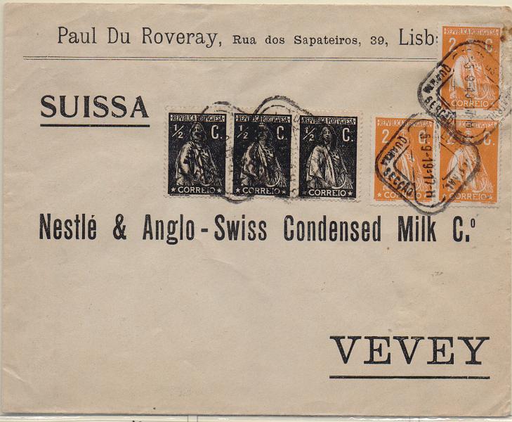 1190.jpg -     Lote:    1190                   Descrição:         1912/20 &mdash; Ceres. Sobrescrito circulado de Lisboa (05.09.19) para a Suíça com 3 selos de &frac12; c CE207 e 3 selos de 2c laranja CE223. MB.        Carta       Valor Base:     &euro; 12,00     Valor Venda:     &euro;      