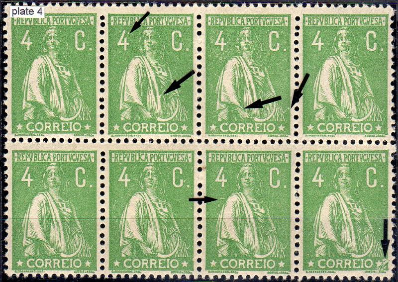 1193.jpg -     Lote:    1193                   Descrição:         1917/20 &mdash; Ceres. Novas taxas e cores. CE226, 4C verde amarelo, papel pontinhado, denteado 12x11 &frac12;. Bloco com 8 selos com variedades de cliché MM XXXI, MM L, MM LXII e MM LXVII.        ***       Valor Base:     &euro; 15,00     Valor Venda:     &euro;      