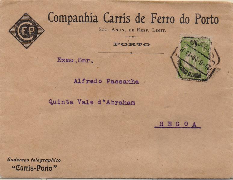 1194.jpg -     Lote:    1194                   Descrição:         1917/20 &mdash; Ceres. CE226, 4c, verde, denteado 15x14, papel amarelado em sobrescrito circulado do Porto (29.06.20) para a Régua. Bonito sobrescrito da Companhia Carris de Ferro do Porto.        Carta       Valor Base:     &euro; 15,00     Valor Venda:     &euro;      