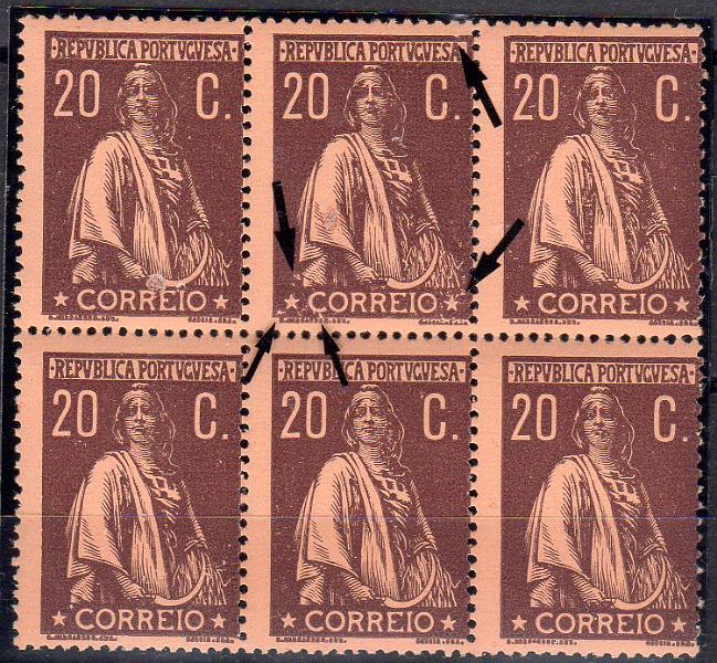 1197.jpg -     Lote:    1197                   Descrição:         1917/20 &mdash; Ceres. Novas taxas e cores. CE233, 20C castanho s/ salmão, papel porcelana colorido, denteado 15x14. Bloco com 6 selos, com muito ligeiros pontos de óxido no verso. Variedades de cliché MM não catalogadas. Valor de catálogo &euro; 330,00.        ***       Valor Base:     &euro; 40,00     Valor Venda:     &euro;      