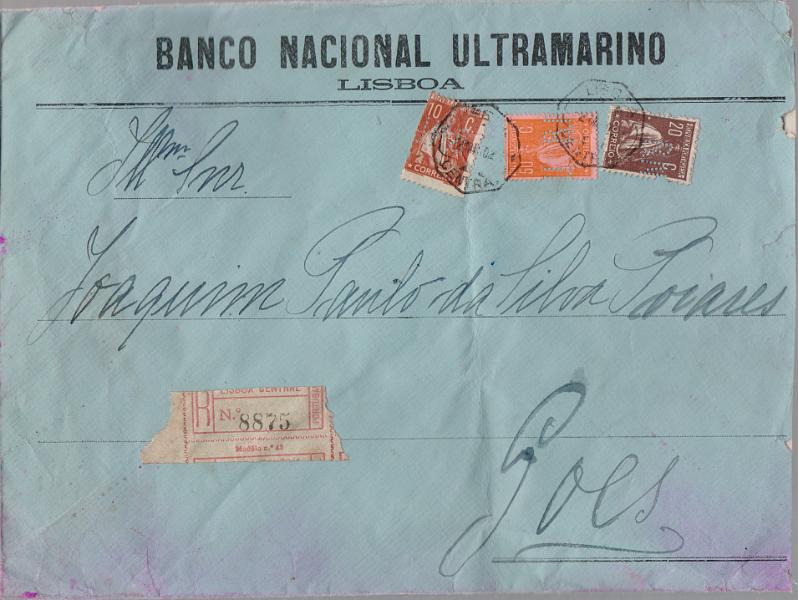 1198.jpg -     Lote:    1198                   Descrição:         1912 &mdash; Ceres. Sobrescrito de grandes dimensões (26x26,5 cms) circulado registado de Lisboa (02.05.21) para Góis (03.05.21) com selos de 10 c tijolo CE215, 20c castanho CE2240 e 50c laranja s/ salmão, papel porcelana, denteado 15x14 CE219. Perfuração de segurança B.N.U. MB e R.        Carta       Valor Base:     &euro; 50,00     Valor Venda:     &euro;      