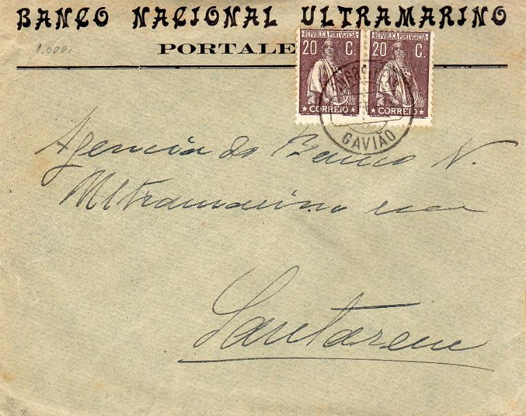 1199.jpg -     Lote:    1199                   Descrição:         1920/22 &mdash; Ceres. Sobrescrito circulado de Gavião (28.02.21) para Santarém (01.03.21) com dois selos de 20C castanho, denteado 12 &frac12;, CE240. Carimbo circular datado de GAVIÃO.        Carta       Valor Base:     &euro; 6,00     Valor Venda:     &euro;      
