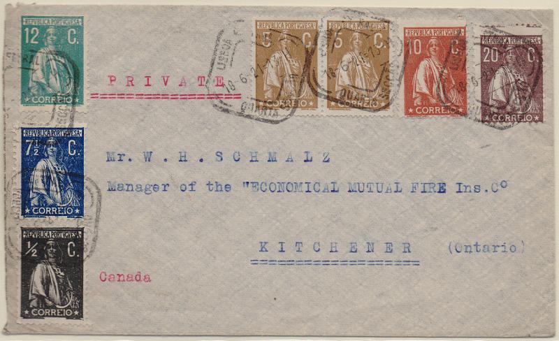 1200.jpg -     Lote:    1200                   Descrição:         1912/22 &mdash; Ceres. Sobrescrito circulado de Lisboa (18.06.21) para Ontário com selos de &frac12; c CE207, 10c CE215, par de 5c CE227, 7 &frac12; c CE229, 12c CE238 e 20c CE240 (selo com o denteado deslocado). MB.        Carta       Valor Base:     &euro; 25,00     Valor Venda:     &euro;      