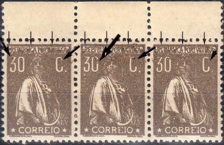 1201.jpg -     Lote:    1201                   Descrição:         1920/22 &mdash; Ceres. Novas taxas e cores. CE242, 30C castanho, papel liso, denteado 12x11 &frac12;.Tira horizontal com 3 selos, todos com variedades de cliché MM V (x50). Raro.        ***       Valor Base:     &euro; 15,00     Valor Venda:     &euro;      
