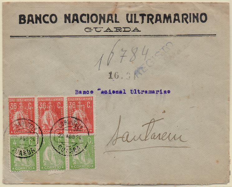 1203.jpg -     Lote:    1203                   Descrição:         1917/22 &mdash; Ceres. Sobrescrito circulado registado da Guarda (22.08.24) para Santarém com tira de 3 selos de 4c CE226 + tira de 3 selos de 36c CE243, todos perfurados com BNU &mdash; BANCO NACIONAL ULTRAMARINO.        Carta       Valor Base:     &euro; 15,00     Valor Venda:     &euro;      