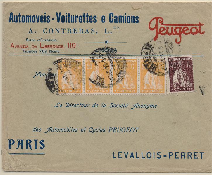 1204.jpg -     Lote:    1204                   Descrição:         1920/26 &mdash; Ceres. Sobrescrito circulado de Lisboa (06.06.24) para Paris, com tira de 4 selos de 50c CE244 e selo de 40c CE283. MB.        Carta       Valor Base:     &euro; 30,00     Valor Venda:     &euro;      