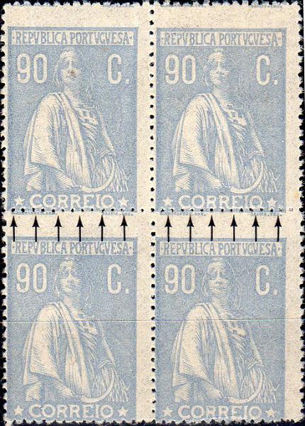 1205.jpg -     Lote:    1205                   Descrição:         1920/22 &mdash; Ceres. Novas taxas e cores. CE247, 90C denteado 15x14, papel liso espesso (não catalogado). Quadra com deslocação do denteado.        ***/**       Valor Base:     &euro; 20,00     Valor Venda:     &euro;      