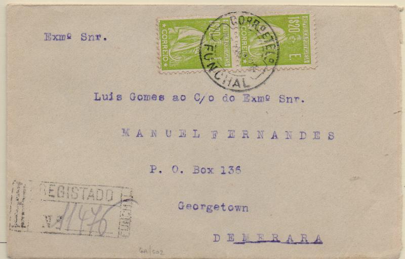 1206.jpg -     Lote:    1206                   Descrição:         1920/22 &mdash; Ceres. Sobrescrito circulado registado do Funchal para Georgetown (16.04.26) com par de selos de 1$20 verde amarelo, CE250. MB.        Carta       Valor Base:     &euro; 16,00     Valor Venda:     &euro;      