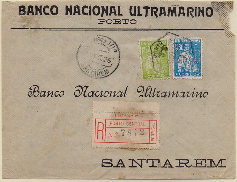 1207.jpg -     Lote:    1207                   Descrição:         1920/26 &mdash; Ceres. Sobrescrito circulado registado do Porto para santarém (14.10.26) com selo de 1$20 CE250 e 1$60 CE291, ambos perfurados com BNU &mdash; BANCO NACIONAL ULTRAMARINO.        Carta       Valor Base:     &euro; 15,00     Valor Venda:     &euro;      