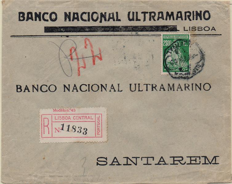 1208.jpg -     Lote:    1208                   Descrição:         1920/22 &mdash; Ceres. CE251, 2E verde escuro, em sobrescrito circulado registado de Lisboa (03.02.20) para Santarém (04.02.20). MB.        Carta       Valor Base:     &euro; 20,00     Valor Venda:     &euro;      