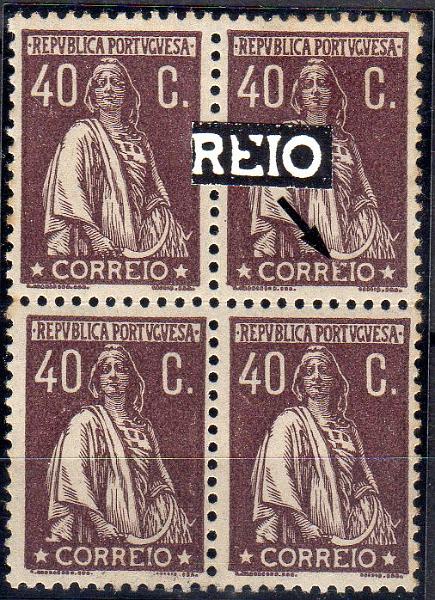 1215.jpg -     Lote:    1215                   Descrição:         1924/26 &mdash; Ceres. Novas taxas e cores. CE283, 40C chocolate, denteado 12x11 &frac12;, papel acetinado. Quadra com variedade de cliché MM XXXI (x8).        ***       Valor Base:     &euro; 6,00     Valor Venda:     &euro;      