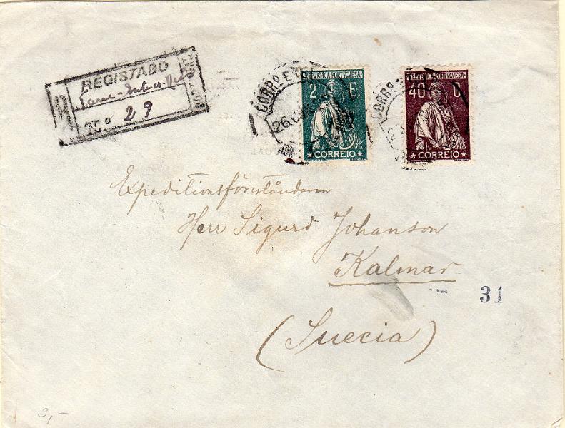 1220.jpg -     Lote:    1220                   Descrição:         1924/26 &mdash; Ceres. Sobrescrito circulado registado de Torre (26.06.25) para a Suécia com selos de 40c e 2E CE283 e 292.        Carta       Valor Base:     &euro; 25,00     Valor Venda:     &euro;      