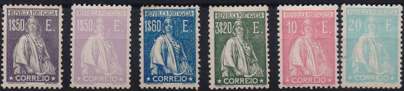 1223.jpg -     Lote:    1223                   Descrição:         1923/26 &mdash; Ceres. Novos valores e cores. Lote com seis selos de 1$50 CE259, 1$50 CE290, 1$60 CE291, 3$20 CE295, 10E CE297 e 20E CE298. Valor de catálogo &euro; 984,00.        **       Valor Base:     &euro; 75,00     Valor Venda:     &euro;      
