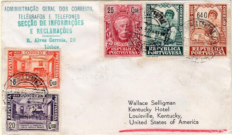 1225.jpg -     Lote:    1225                   Descrição:         1925 &mdash; Centenário do Nascimento de Camilo Castelo Branco (selos de recurso). Sobrescrito circulado de Lisboa (06.12.37) para os EUA, com selos de 16C, 20C, 25C, 50C e 64C, CE338, 339, 340, 345 e 346.        Carta       Valor Base:     &euro; 75,00     Valor Venda:     &euro;      