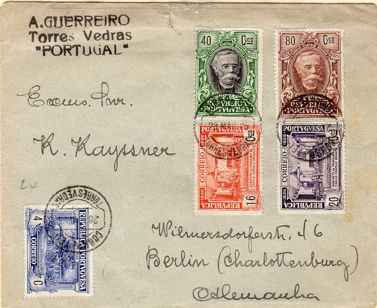 1226.jpg -     Lote:    1226                   Descrição:         1925 &mdash; Centenário do Nascimento de Camilo Castelo Branco. Sobrescrito circulado de Torres Vedras (28.03.25) para a Alemanha, com selos de 4C, 16C, 20C, 40C e 80C, perfazendo o porte de 1$60 (1.º porte para países estrangeiros), CE332, 338, 339, 343 e 348.        Carta       Valor Base:     &euro; 80,00     Valor Venda:     &euro;      