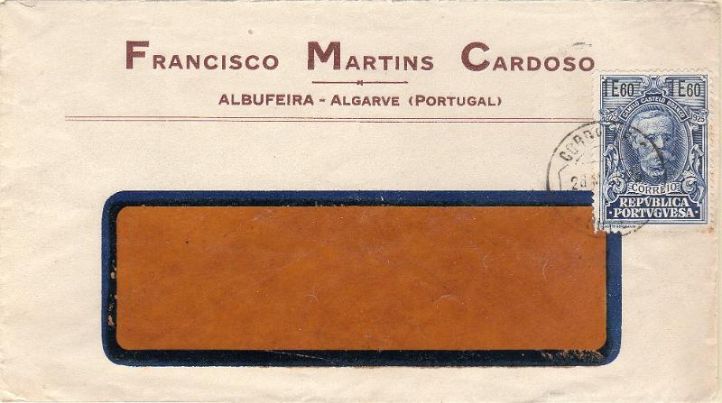 1227.jpg -     Lote:    1227                   Descrição:         1925 &mdash; Centenário do Nascimento de Camilo Castelo Branco. Sobrescrito circulado de Albufeira (26.03.25 &mdash; 1.º dia) com selo de 1$60 CE353. Rara circulação no período normal.        Carta       Valor Base:     &euro; 25,00     Valor Venda:     &euro;      