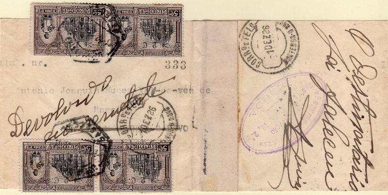 1228.jpg -     Lote:    1228                   Descrição:         1926 &mdash; Independência de Portugal. Com sobretaxa. CE386, 2c s/ 5c sépia. Dois pares de selos em cinta circulada de Lisboa (01.12.26) para Montemo-o-Novo (01.12.26). Devolvida ao remetente por morte do destinatário. MB e MR.        CNT       Valor Base:     &euro; 200,00     Valor Venda:     &euro;      