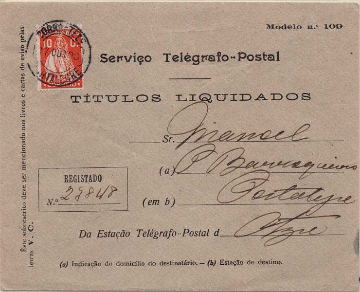 1230.jpg -     Lote:    1230                   Descrição:         1930 &mdash; Ceres. Emissão Londres. CE401, 10c carmim, em sobrescrito Modelo 109 dos CTT &mdash; Títulos Liquidados, circulado em Portalegre (17.10.28). MB e R.         Carta       Valor Base:     &euro; 30,00     Valor Venda:     &euro;      