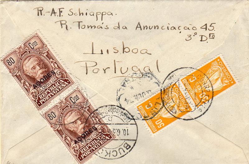1231.jpg -     Lote:    1231                   Descrição:         1925/26 &mdash; Centenário do Nascimento de Camilo Castelo Branco, com sobrecarga AÇORES (selos de recurso no Continente) + Ceres, emissão Londres. Sobrescrito circulado registado de Campo de Ourique (Lisboa) (05.06.34) para a Alemanha, com par de selos de 80C CE233 e par de 50C CE408.        Carta       Valor Base:     &euro; 20,00     Valor Venda:     &euro;      